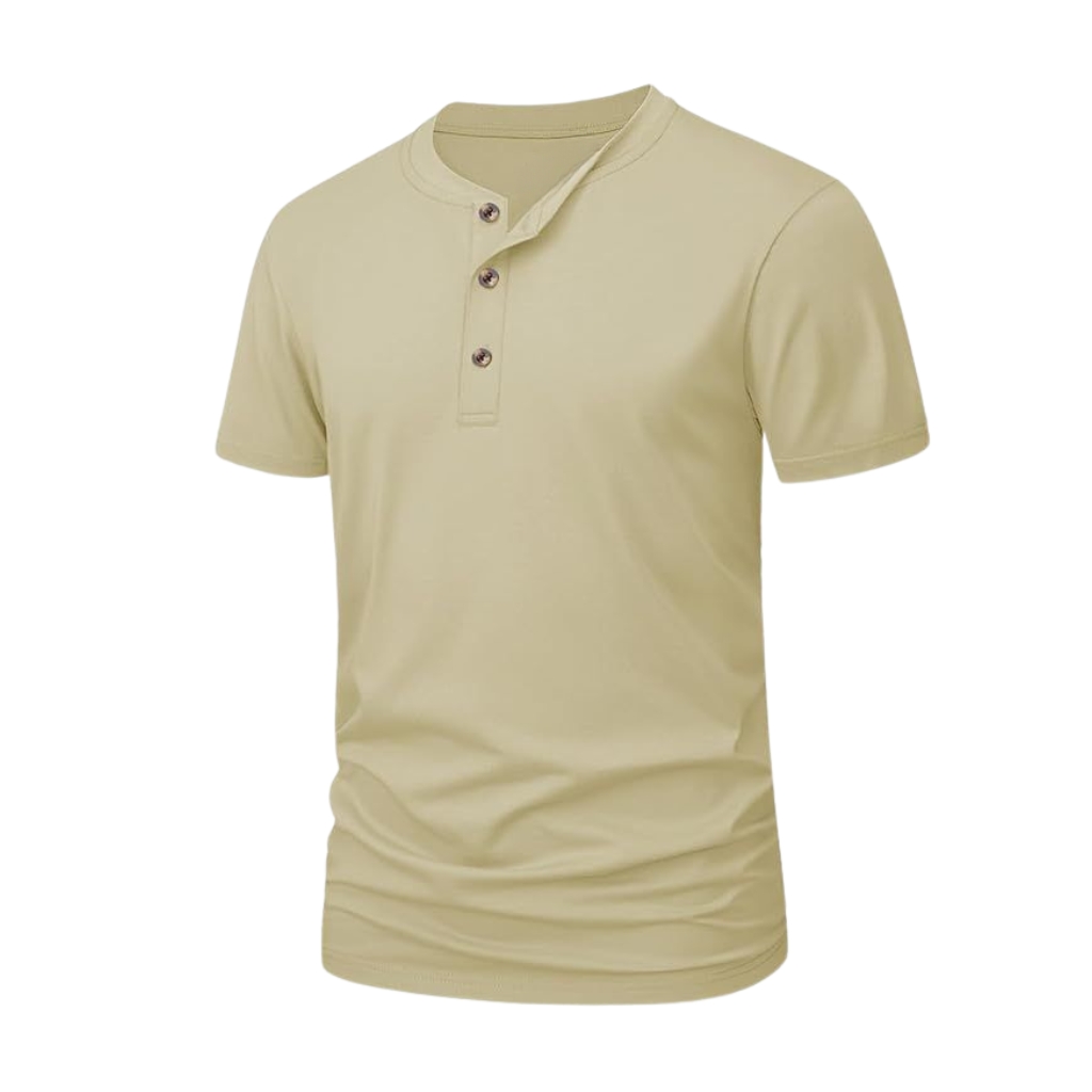 The Ultimate Guide to Henley T-Shirts: Timeless Style and Comfort 12 Men’s light beige henley t-shirt with a short button placket, short sleeves, and a stand collar.