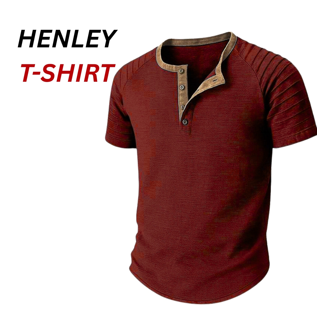 The Ultimate Guide to Henley T-Shirts: Timeless Style and Comfort 8 Men’s maroon Henley T-Shirts with a buttoned placket and short sleeves, featuring contrast trim on the collar