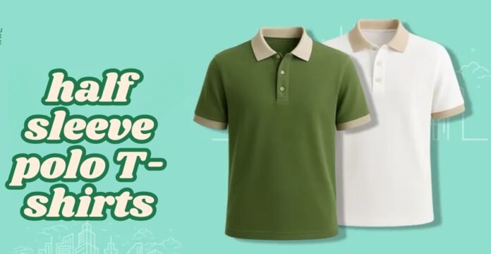 Two half-sleeve polo T-shirts—one in solid olive green and one in white with contrast collars and buttons—shown side by side on a light teal background.