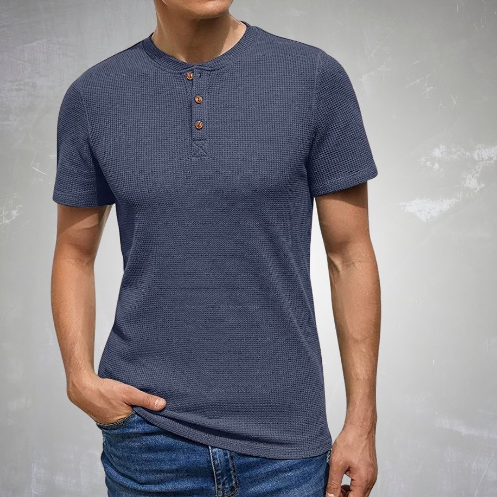 Henley T-Shirts for Men Stylish Button Neck Casual Wear 6 Men’s navy blue henley T-shirt with three-button placket and short sleeves.