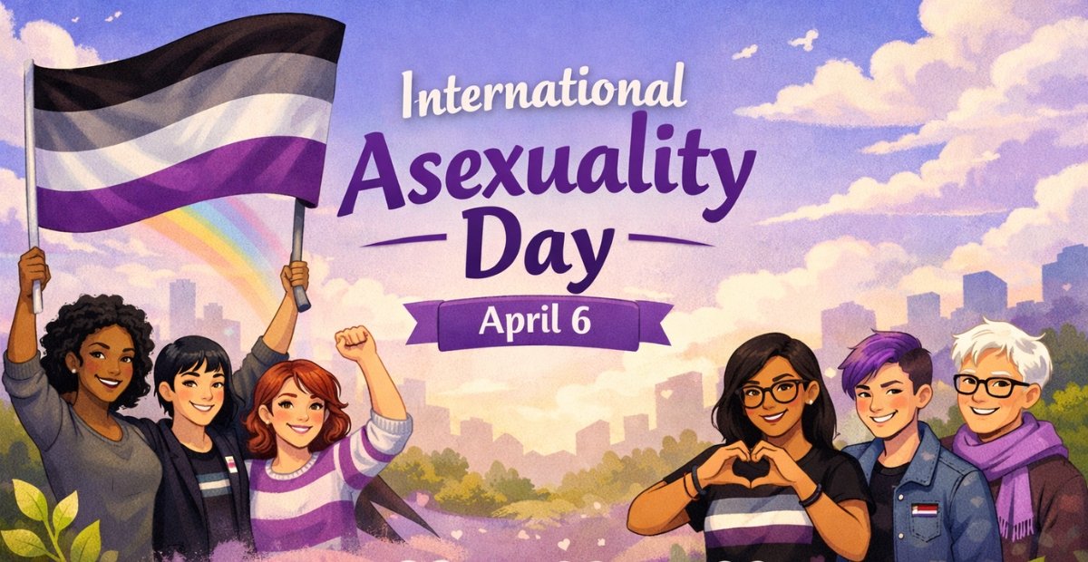 International Asexuality Day: Meaning, History, & Importance Colorful “International Asexuality Day” poster showing a purple and rainbow flag being held, smiling people in the foreground, and a city skyline with clouds in the background; the date “April 6” appears in the center. International Asexuality Day