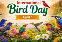 International Bird Day 2026: Importance & Celebration Ideas International Bird Day 2026 banner featuring colorful songbirds, spring flowers, and “April 1” text. International Bird Day 2026