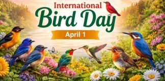 International Bird Day 2026: Importance & Celebration Ideas International Bird Day 2026 banner featuring colorful songbirds, spring flowers, and “April 1” text. International Bird Day 2026
