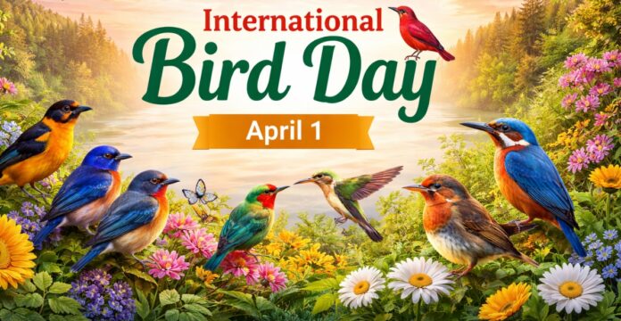 International Bird Day 2026 banner featuring colorful songbirds, spring flowers, and “April 1” text. International Bird Day 2026
