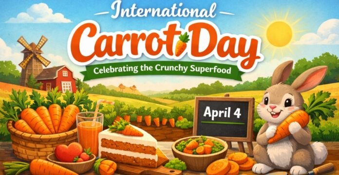 International Carrot Day banner featuring a cheerful rabbit holding carrots, a farm scene with fresh produce, and the text “International Carrot Day” and “April 4.” International Carrot Day
