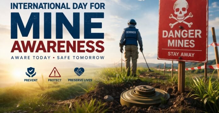 International Day for Mine Awareness poster showing a deminer in a field and a “Danger Mines – Stay Away” warning sign. International Day for Mine Awareness