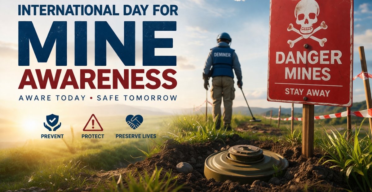 International Day for Mine Awareness: History, Importance International Day for Mine Awareness poster showing a deminer in a field and a “Danger Mines – Stay Away” warning sign. International Day for Mine Awareness