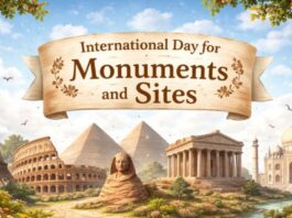 International Day for Monuments and Sites banner featuring landmarks such as the Eiffel Tower, Colosseum, pyramids, a statue, the Taj Mahal, and the Sanchi Stupa with flowers in the foreground. International Day for Monuments and Sites