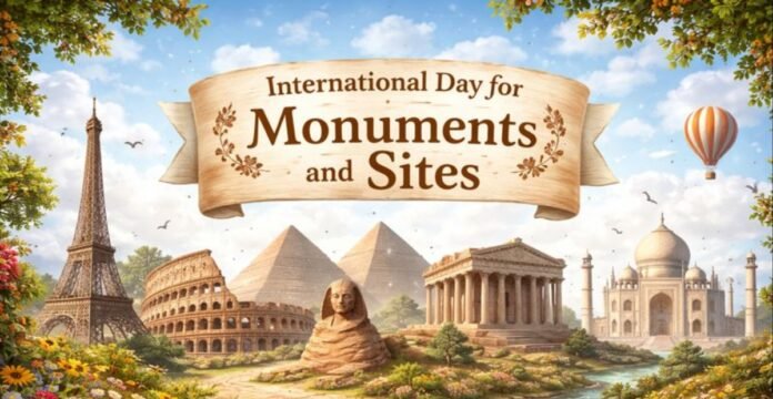 International Day for Monuments and Sites banner featuring landmarks such as the Eiffel Tower, Colosseum, pyramids, a statue, the Taj Mahal, and the Sanchi Stupa with flowers in the foreground. International Day for Monuments and Sites