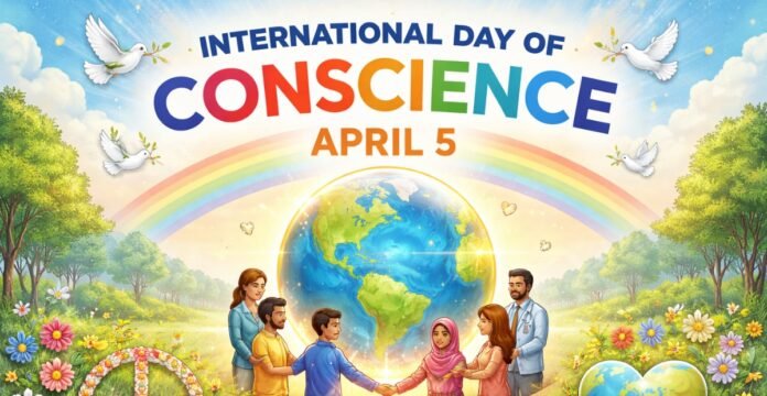 International Day of Conscience banner featuring text “INTERNATIONAL DAY OF CONSCIENCE” and “APRIL 5,” a glowing globe in the center, people of diverse backgrounds holding hands, doves flying, and spring flowers and trees. International Day of Conscience