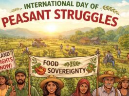 International Day of Peasant Struggles banner illustration with a sunlit rural landscape showing fields, trees, and small houses. In the foreground, several farmers and workers hold protest signs, including “LAND RIGHTS NOW!” on a red flag, a large banner reading “FOOD SOVEREIGNTY,” and signs that say “SUPPORT FARMERS,” with “INTERNATIONAL DAY OF PEASANT STRUGGLES” in green text at the top.