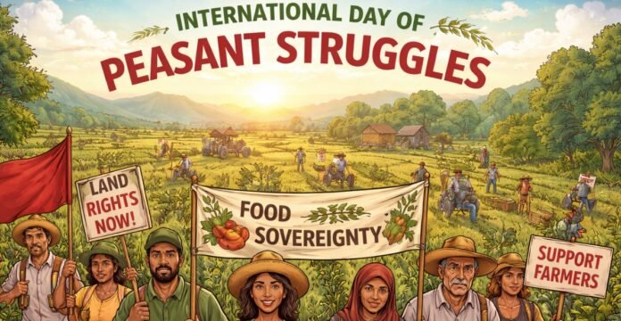 International Day of Peasant Struggles banner illustration with a sunlit rural landscape showing fields, trees, and small houses. In the foreground, several farmers and workers hold protest signs, including “LAND RIGHTS NOW!” on a red flag, a large banner reading “FOOD SOVEREIGNTY,” and signs that say “SUPPORT FARMERS,” with “INTERNATIONAL DAY OF PEASANT STRUGGLES” in green text at the top.