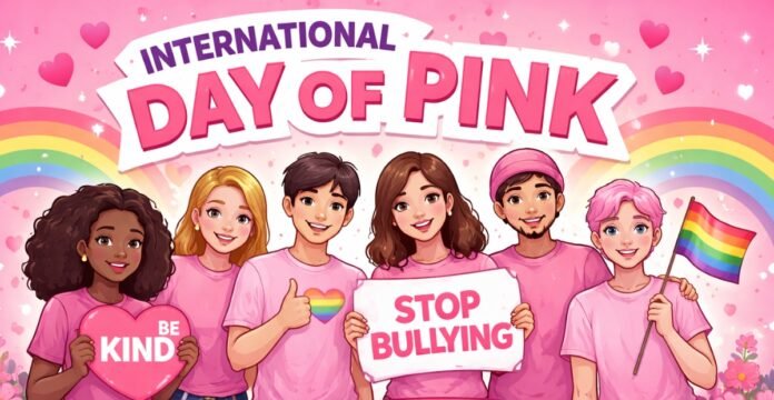 “International Day of Pink banner showing five young people wearing pink shirts and holding awareness signs, including a ‘STOP BULLYING’ sign and a rainbow flag, surrounded by pink hearts and a large title reading ‘DAY OF PINK. International Day of Pink
