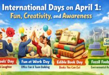 International Days on April 1: Fun, Creativity, & Awareness Colorful banner reading “International Days on April 1: Fun, Creativity, and Awareness,” featuring people celebrating themed days: “April Fools’ Day,” “Fun at Work Day,” “Edible Book Day,” and “Fossil Fools Day,” with balloons, toys/pranks, an open book, and renewable energy symbols in a sunny outdoor scene.