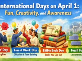 Colorful banner reading “International Days on April 1: Fun, Creativity, and Awareness,” featuring people celebrating themed days: “April Fools’ Day,” “Fun at Work Day,” “Edible Book Day,” and “Fossil Fools Day,” with balloons, toys/pranks, an open book, and renewable energy symbols in a sunny outdoor scene.