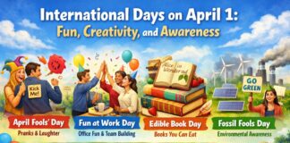 International Days on April 1: Fun, Creativity, & Awareness Colorful banner reading “International Days on April 1: Fun, Creativity, and Awareness,” featuring people celebrating themed days: “April Fools’ Day,” “Fun at Work Day,” “Edible Book Day,” and “Fossil Fools Day,” with balloons, toys/pranks, an open book, and renewable energy symbols in a sunny outdoor scene.