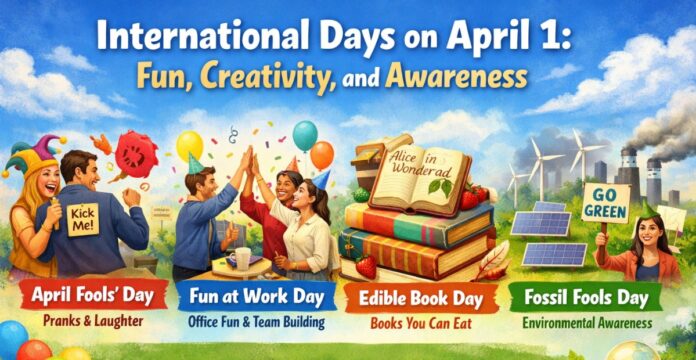 Colorful banner reading “International Days on April 1: Fun, Creativity, and Awareness,” featuring people celebrating themed days: “April Fools’ Day,” “Fun at Work Day,” “Edible Book Day,” and “Fossil Fools Day,” with balloons, toys/pranks, an open book, and renewable energy symbols in a sunny outdoor scene.