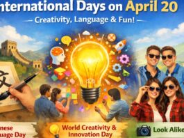 International Days on April 20 poster featuring Chinese language culture, a glowing light bulb for creativity and innovation, a “Look Alike Day” camera icon, and a group of smiling friends in sunglasses. International Days on April 20