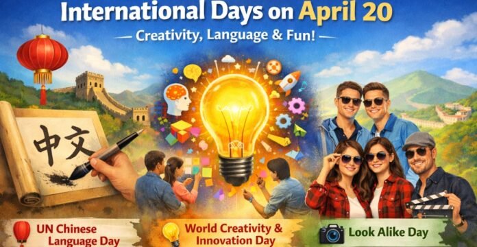 International Days on April 20 poster featuring Chinese language culture, a glowing light bulb for creativity and innovation, a “Look Alike Day” camera icon, and a group of smiling friends in sunglasses. International Days on April 20