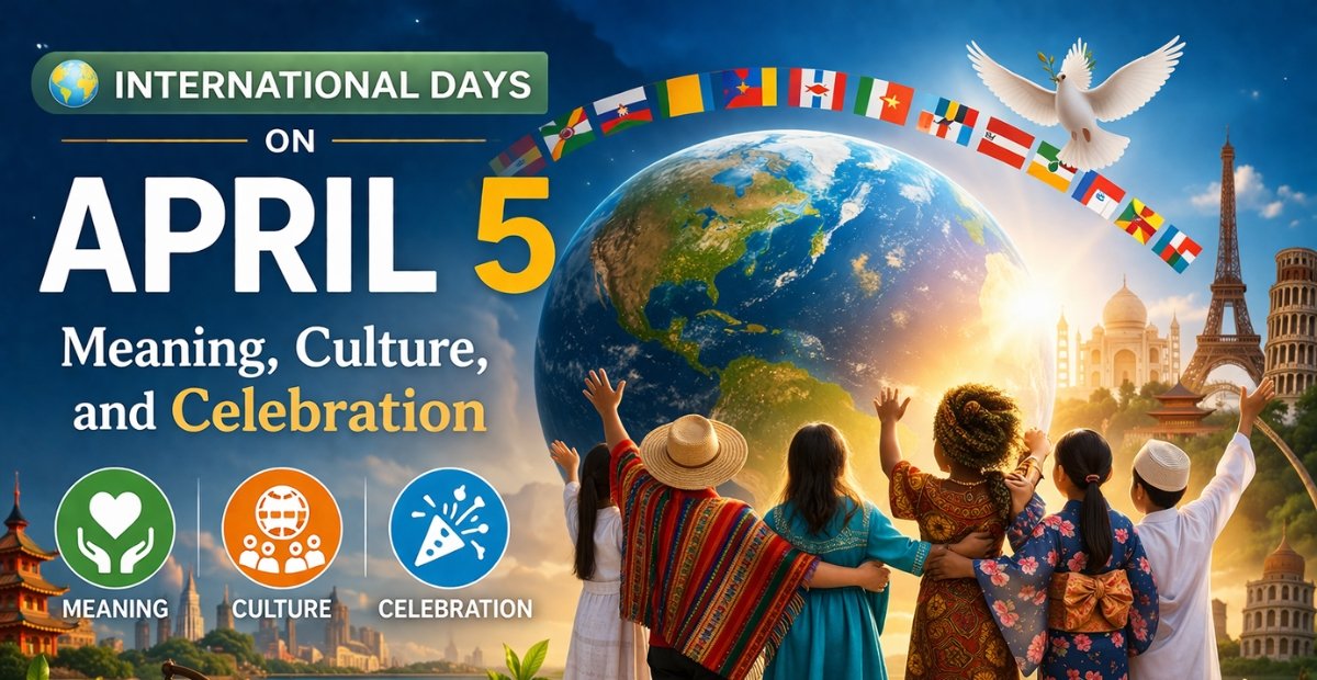 International Days on April 5: Meaning History & Celebration International Days on April 5 banner showing a globe, diverse international flags, people celebrating, and landmarks.