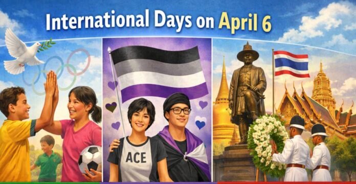 A colorful collage titled “International Days on April 6,” showing Olympic imagery with children, a Scottish-themed couple holding a purple flag, and Buddhist figures and a temple scene. April 6