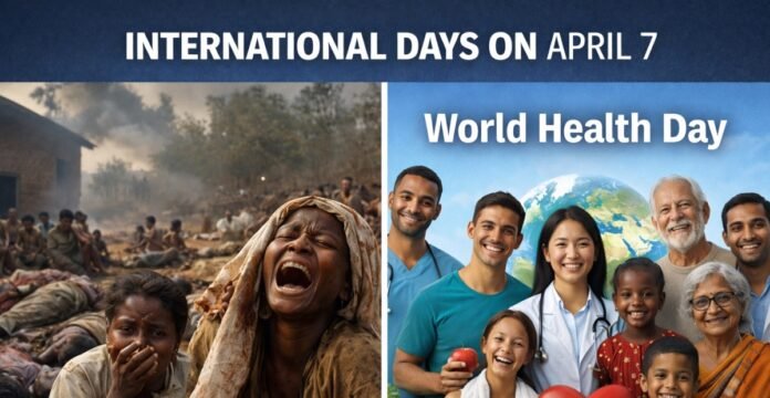 Two-panel banner for World Health Day on April 7, with text ‘INTERNATIONAL DAYS ON APRIL 7’ and ‘World Health Day,’ showing people affected by health crises on the left and diverse smiling healthcare workers and families with a globe on the right. International Days on April 7