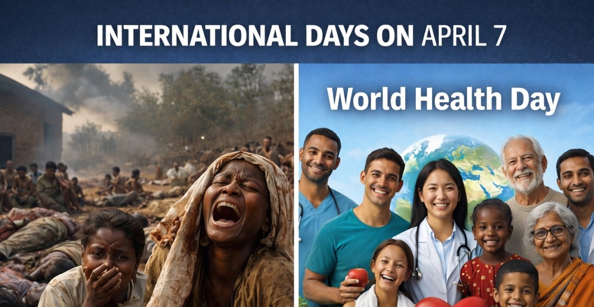 International Days on April 7: World Health Day & Rwanda Two-panel banner for World Health Day on April 7, with text โINTERNATIONAL DAYS ON APRIL 7โ and โWorld Health Day,โ showing people affected by health crises on the left and diverse smiling healthcare workers and families with a globe on the right. International Days on April 7