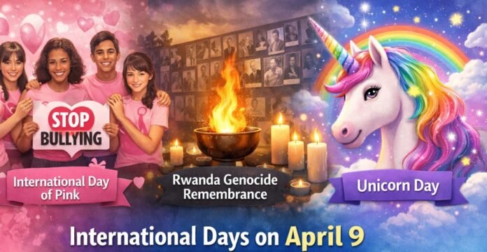“Promotional banner titled ‘International Days on April 9’ showing messages for ‘STOP BULLYING,’ ‘International Day of Pink,’ ‘Rwanda Genocide Remembrance,’ and ‘Unicorn Day,’ with heart imagery, candles and flames, and a unicorn with a rainbow mane. International Days on April 9