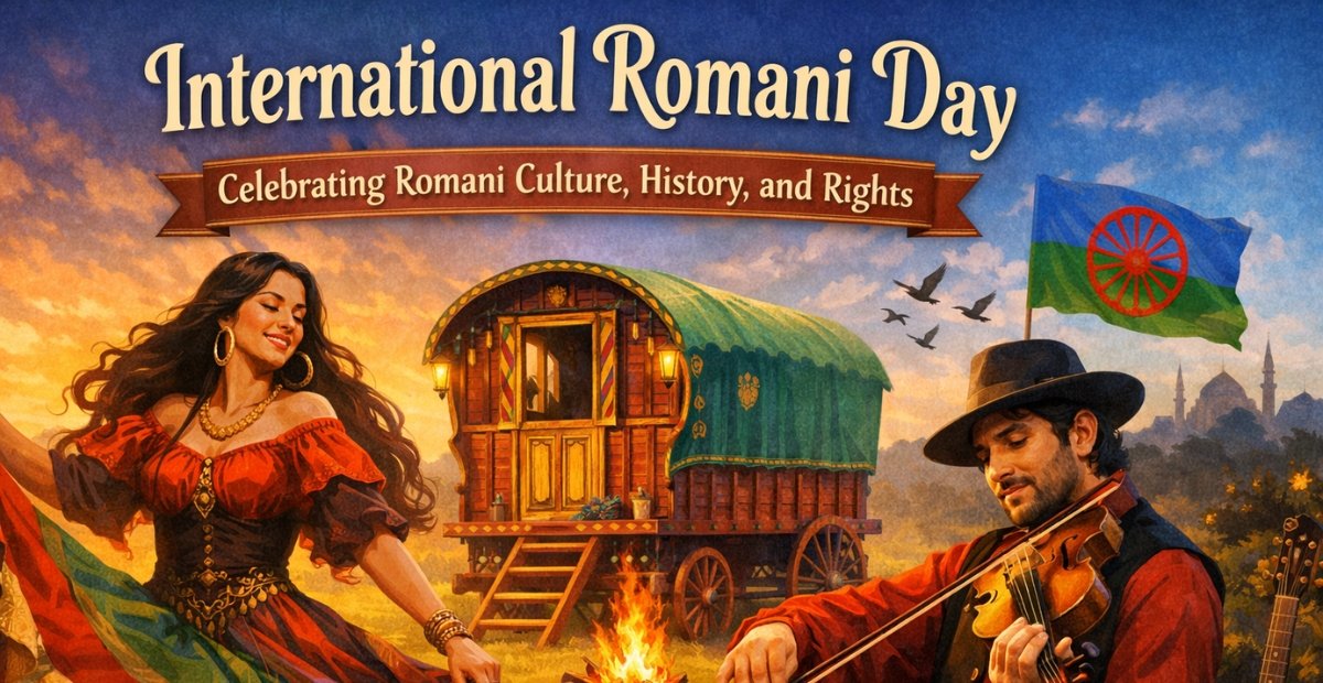 International Romani Day: Celebrate Romani Culture & Heritage Banner illustration for International Romani Day showing a Romani woman and a Romani man in traditional clothing beside a decorated wagon with a flame/fire in the foreground, with a black hat and violin, a blue-green landscape background, doves in the sky, an emblem-flag symbol in the upper right, and the large headline “International Romani Day” with the subtitle “Celebrating Romani Culture, History, and Rights. International Romani Day