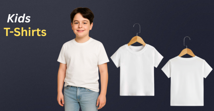 Kids T-shirts in a variety of styles, shown on hangers and modeled for everyday comfortable wear.