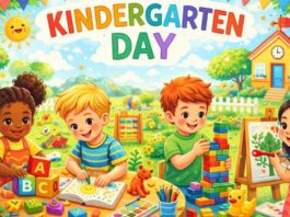 Colorful illustration of children playing educational games and activities in a sunny garden on a “KINDERGARTEN DAY” banner, with toys like alphabet blocks, counting cubes, a drawing board, and a teddy bear. Kindergarten Day