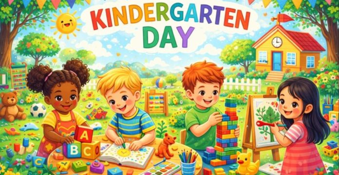 Colorful illustration of children playing educational games and activities in a sunny garden on a “KINDERGARTEN DAY” banner, with toys like alphabet blocks, counting cubes, a drawing board, and a teddy bear. Kindergarten Day