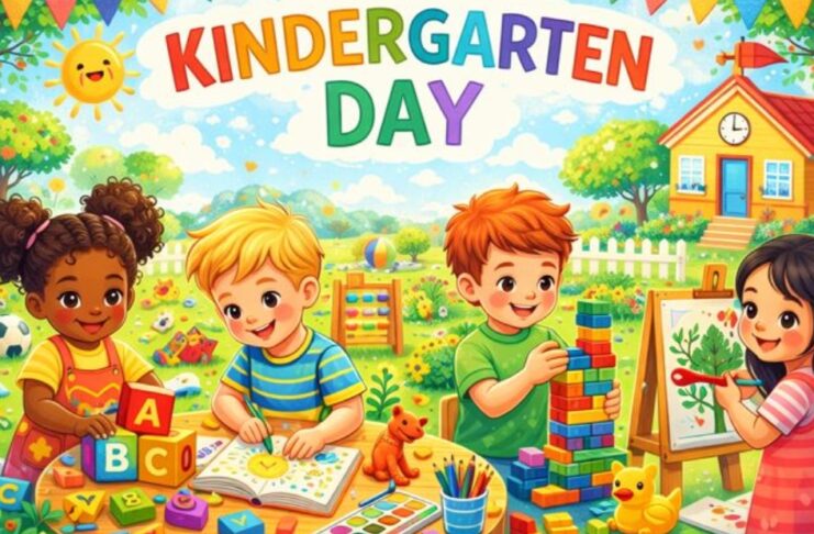 Colorful illustration of children playing educational games and activities in a sunny garden on a “KINDERGARTEN DAY” banner, with toys like alphabet blocks, counting cubes, a drawing board, and a teddy bear. Kindergarten Day