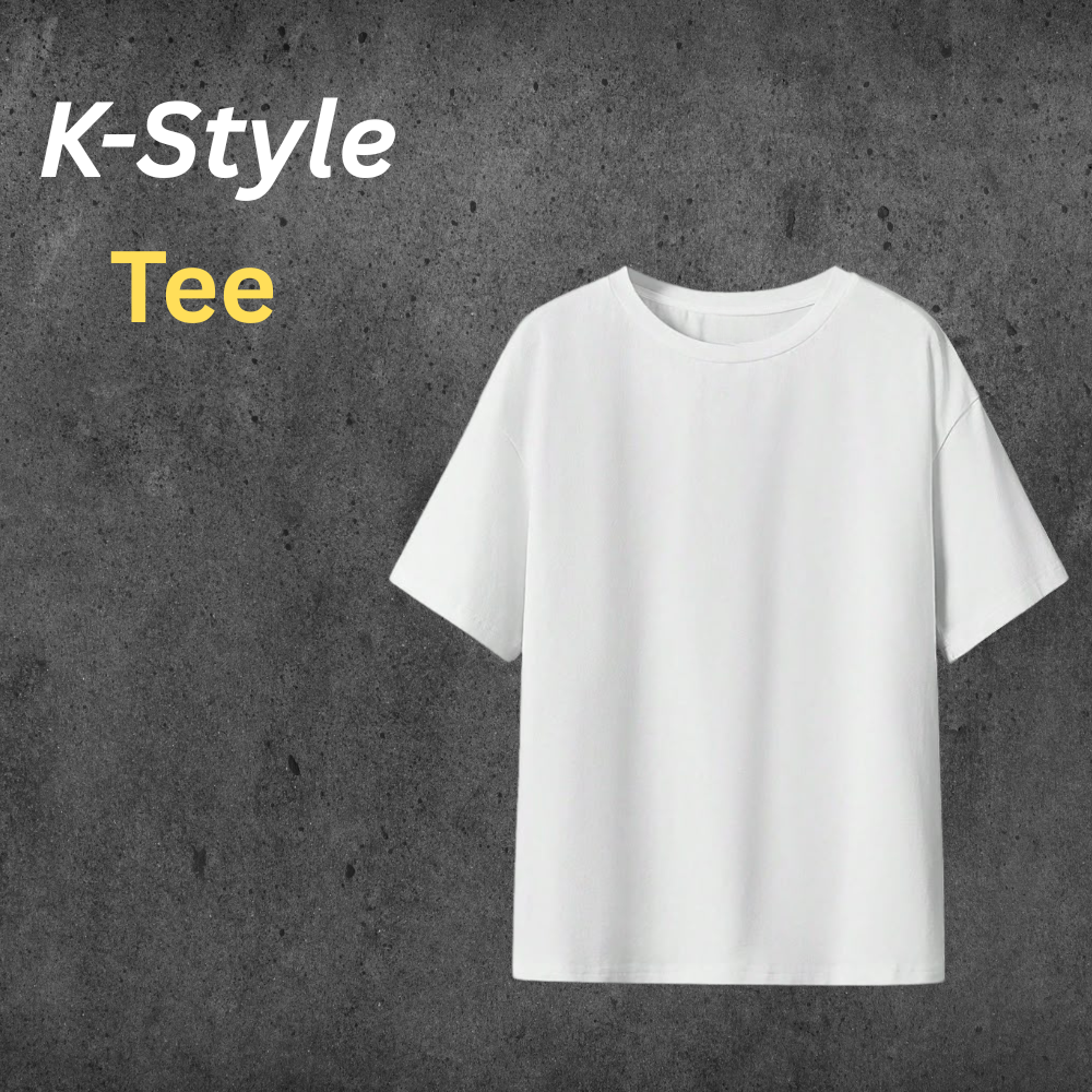 White Korean-style oversized streetwear t-shirt on a dark concrete backdrop with “K-Style Tee” text overlay.