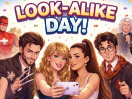Colorful “Look-Alike Day” illustration showing a group of celebrity look-alikes taking selfies with smartphones, surrounded by confetti and hearts.