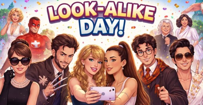 Colorful “Look-Alike Day” illustration showing a group of celebrity look-alikes taking selfies with smartphones, surrounded by confetti and hearts.