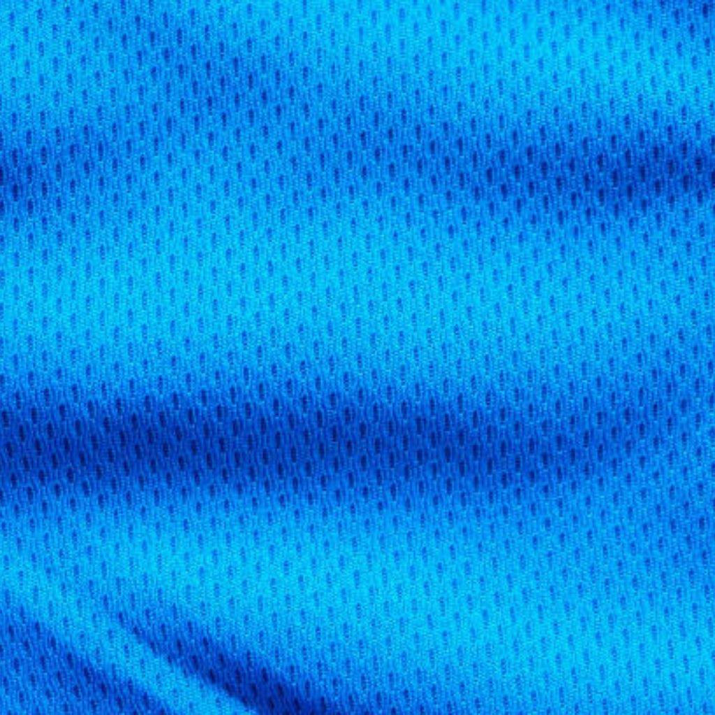 "Close-up of bright blue athletic mesh fabric with uniform tiny perforations, showing texture, folds, and soft shadows."

Turbo Dry Athletic Fabric: