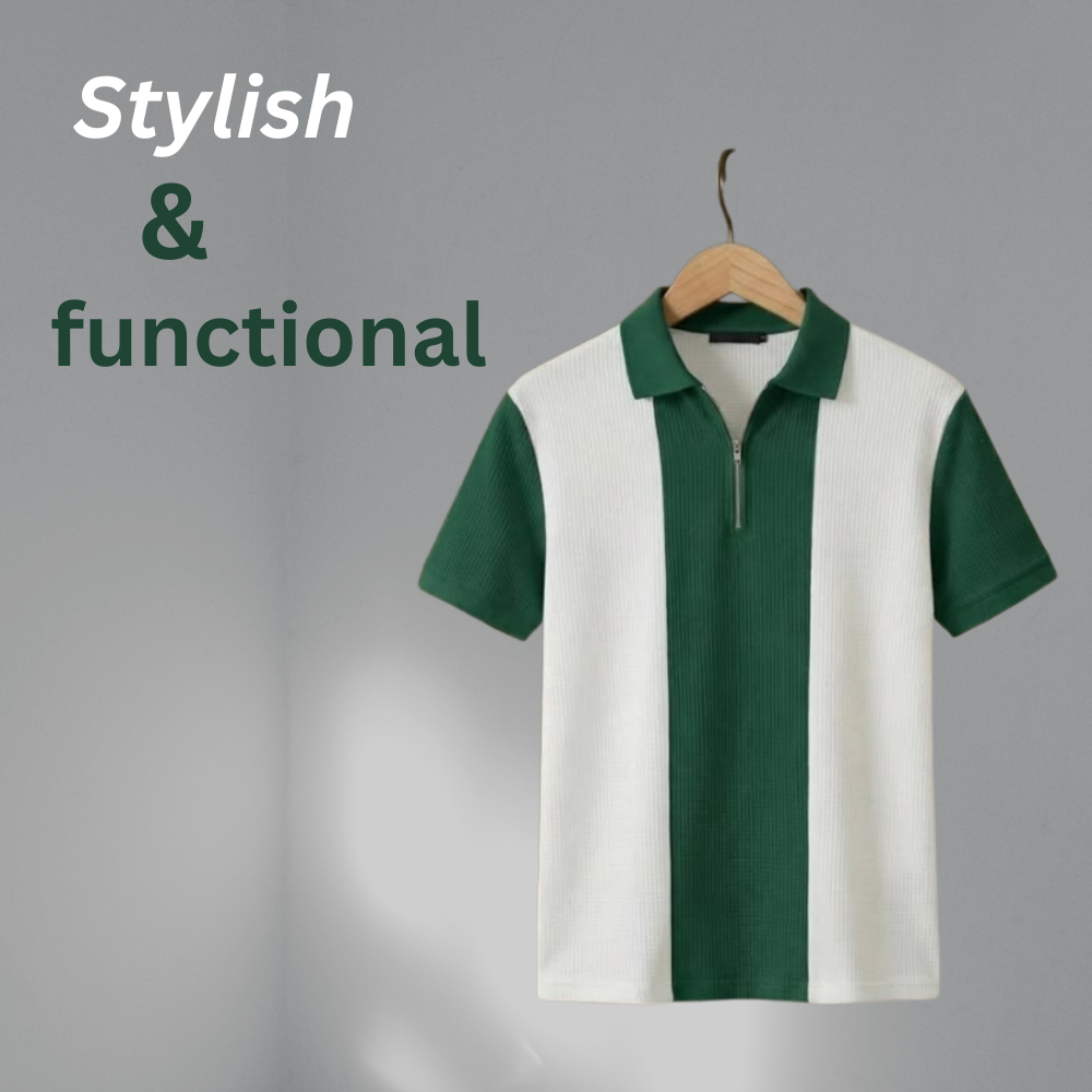 Stylish zip neck T-shirt with a half-front zipper and bold color-block design for modern casual wear.