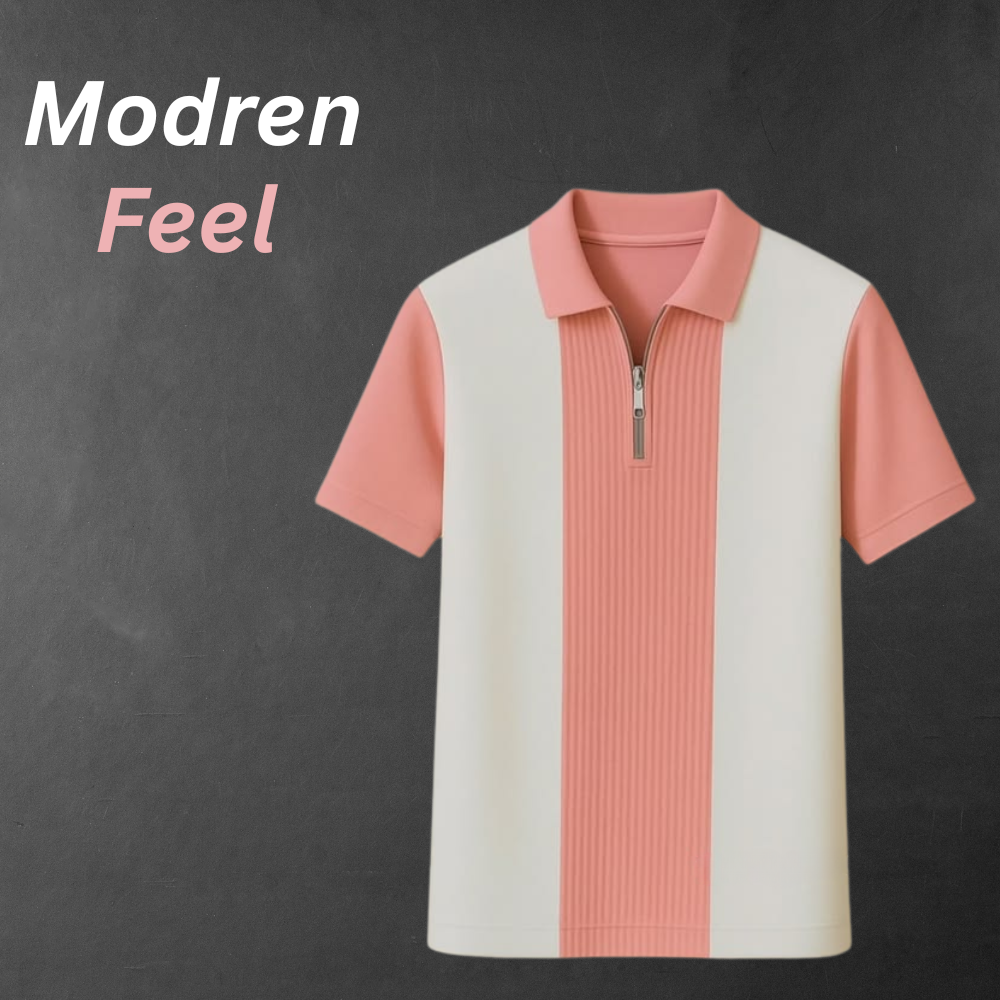 Modern casual zip-neck T-shirt featuring a stylish half-front zipper and color-block panel design in soft pink and white.