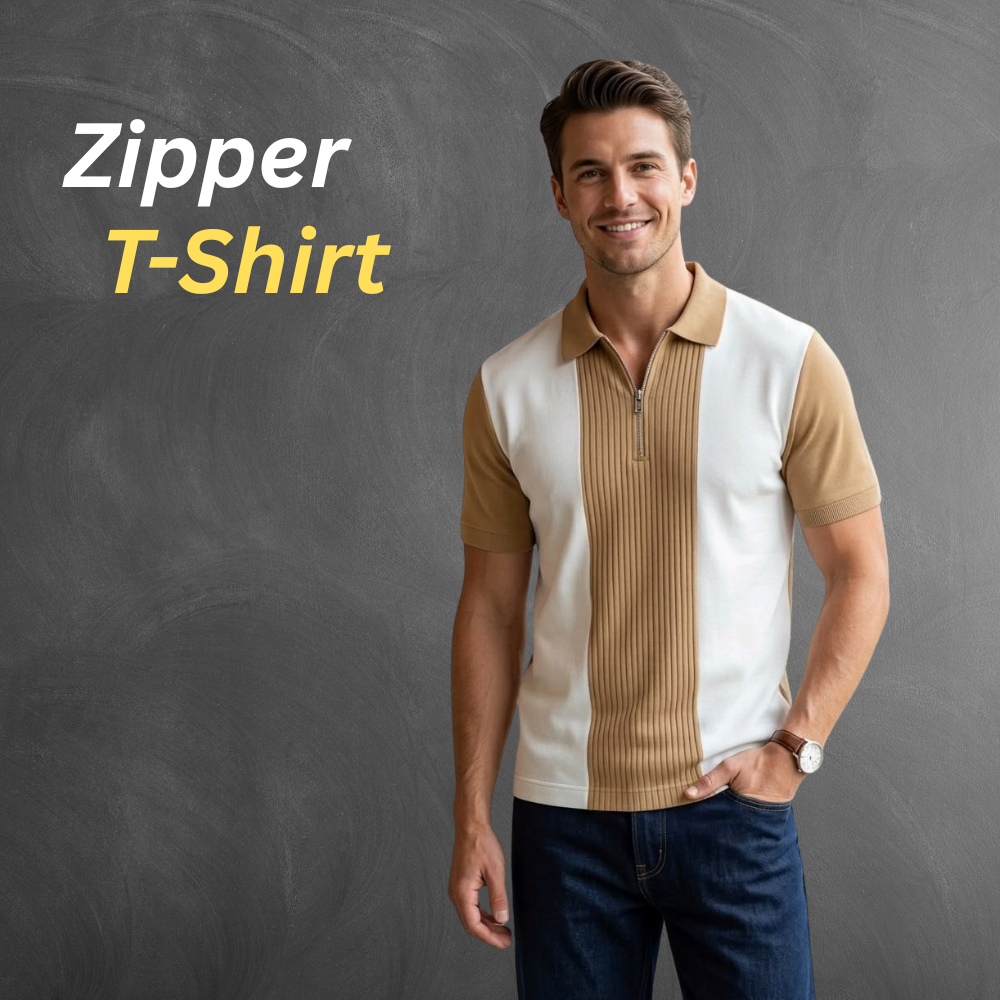 Stylish zip neck Zipper T-Shirt with a half-front zipper and ribbed placket detail in modern casual color blocks.