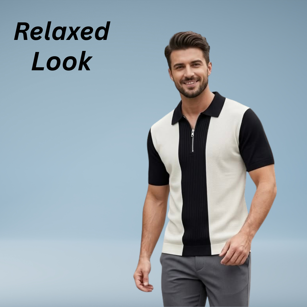 Modern casual zip neck T-shirt with a half-front zipper and bold contrast color-block stripes.