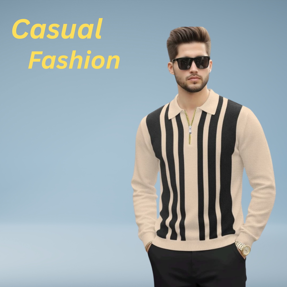 Modern casual zip neck T-shirt with a half-front zipper and bold contrast vertical stripe panels.