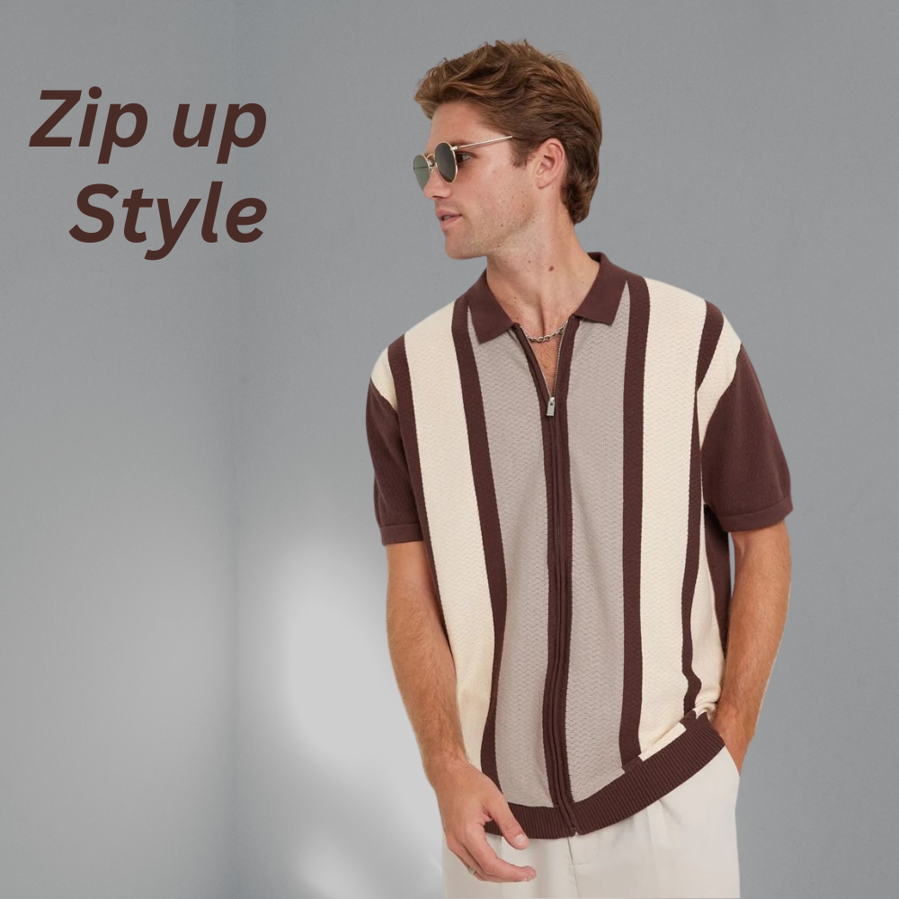 Modern casual men’s zip neck T-shirt with a half-front zipper and bold contrast vertical stripe panels in brown and cream.