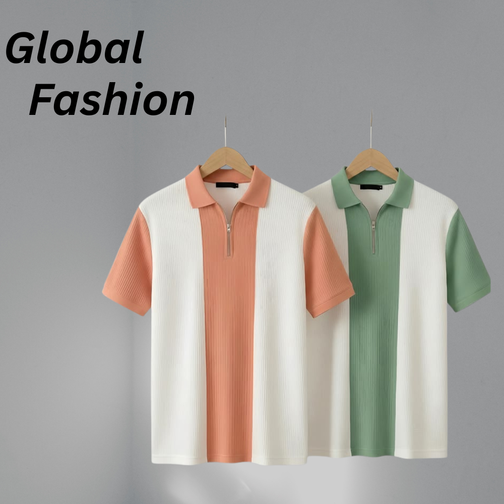 Modern casual men’s zip neck T-shirt with half-front zipper and contrast vertical stripe panels in peach and white.