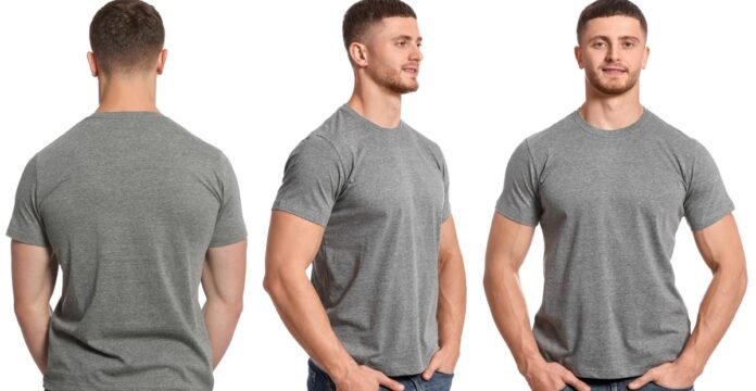 Muscle fit gray t-shirt shown from front, back, and side views on a model.