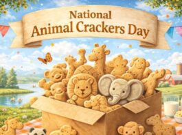 National Animal Crackers Day banner with a sack of animal cracker cookies shaped like lions, bears, elephants, and mice, plus a dairy pitcher and jar on a picnic blanket, set in a sunny countryside with trees, flowers, a lake, and mountains. National Animal Crackers Day