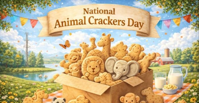 National Animal Crackers Day banner with a sack of animal cracker cookies shaped like lions, bears, elephants, and mice, plus a dairy pitcher and jar on a picnic blanket, set in a sunny countryside with trees, flowers, a lake, and mountains. National Animal Crackers Day