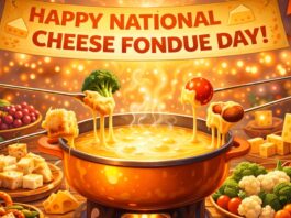 A warm pot of melted cheese fondue with bread cubes, vegetables, and fruits being dipped using long forks in a cozy dining setup. National Cheese Fondue Day