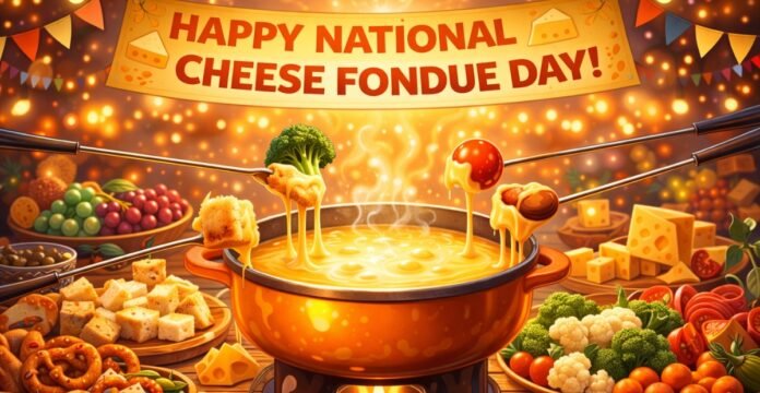 A warm pot of melted cheese fondue with bread cubes, vegetables, and fruits being dipped using long forks in a cozy dining setup. National Cheese Fondue Day