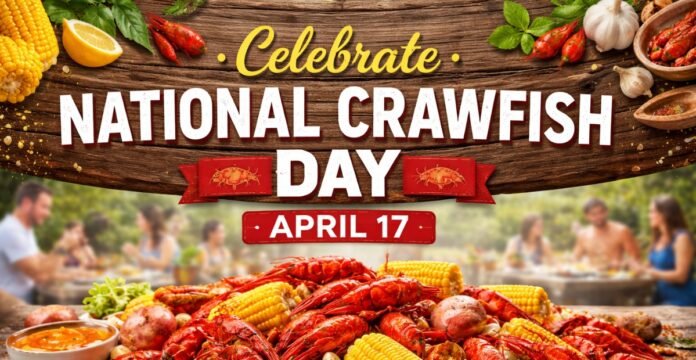 National Crawfish Day banner illustration with the headline ‘Celebrate’ in yellow script above large white text reading ‘NATIONAL CRAWFISH DAY.’ A red ribbon-shaped banner under the headline says ‘APRIL 17.’ The background is a sunny outdoor scene with people gathered by a table, while the foreground shows a heap of red crawfish, corn on the cob, lemons, and seafood on a rustic wooden surface.”